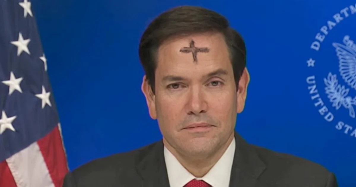 Marco Rubio: Sekretari amerikan i Shtetit. E Mërkura e Hirit: Dita fetare e krishterë. Kryqi në ballë: Simbol fetar. Tradita e krishterë: Praktika fetare e ndjekur. Fox News: Kanali televiziv ku u shfaq Rubio. Diplomacia: Diskutimi i politikës së jashtme. Ukraina: Konflikti i përmendur. SHBA: Shtetet e bashkuara te amerikes. Fe: aspekti fetar i paraqitjes se tij.